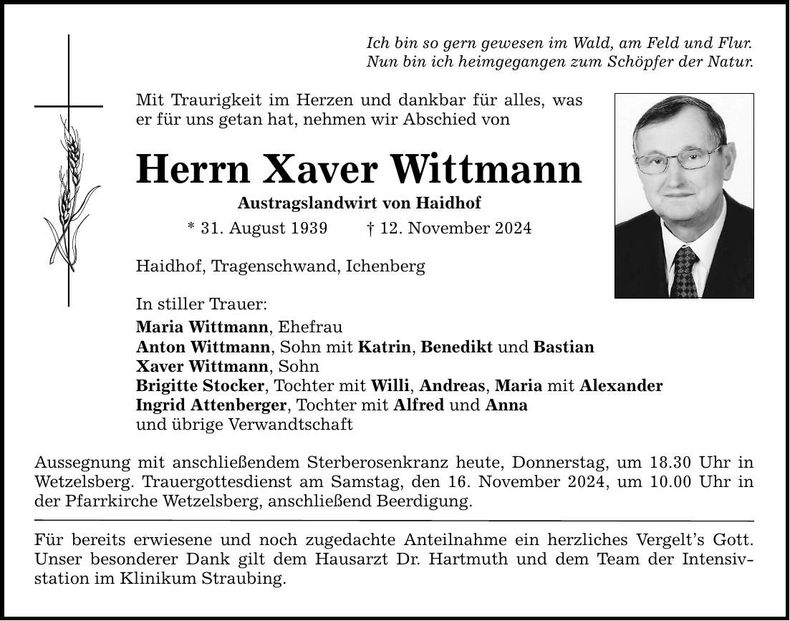 Traueranzeige Xaver Wittmann