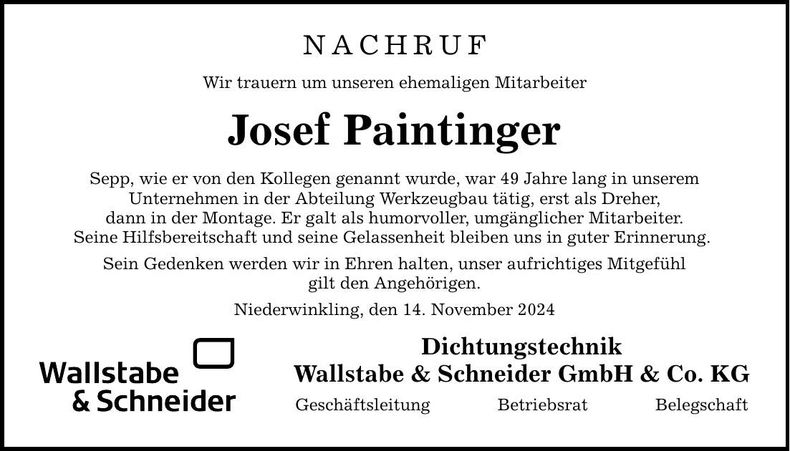 Traueranzeige Josef Paintinger