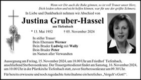 Traueranzeige Justina Gruber-Hassel