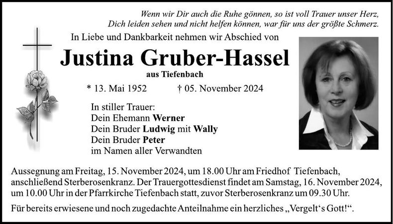 Traueranzeige Justina Gruber-Hassel
