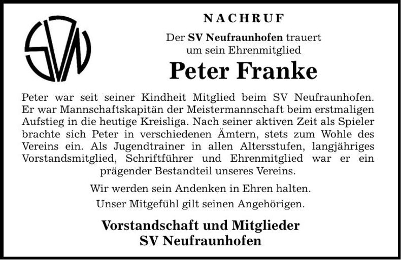 Traueranzeige Peter Franke