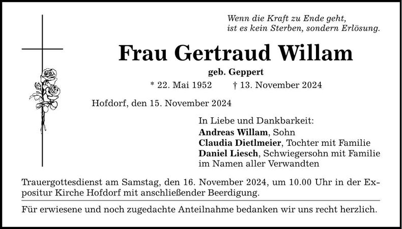 Traueranzeige Gertraud Willam