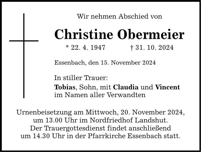 Traueranzeige Christine Obermeier