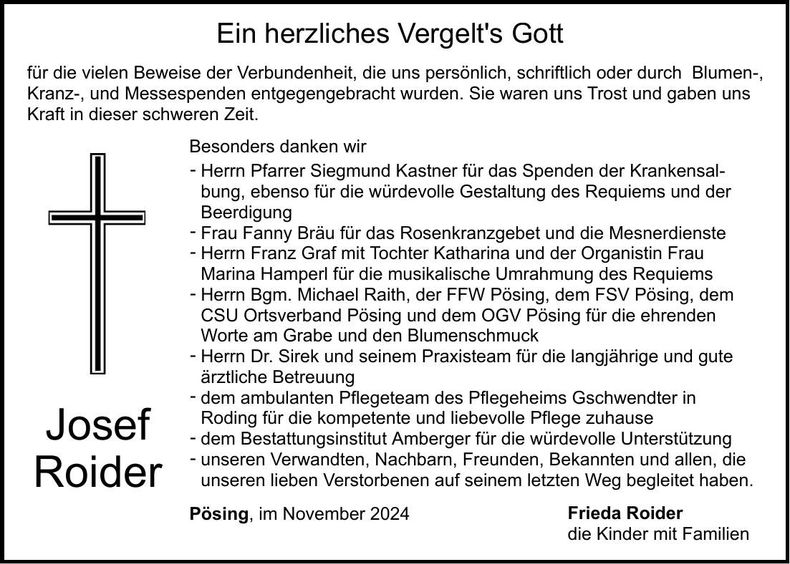 Traueranzeige Josef Roider