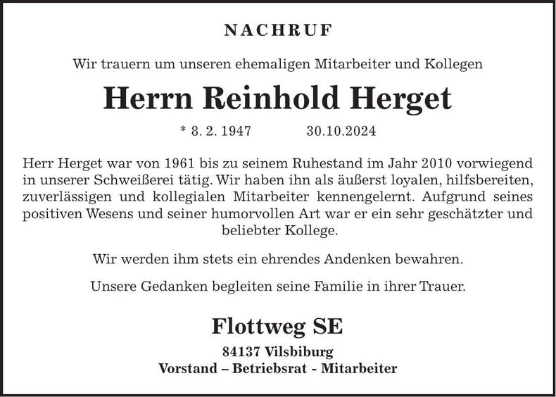 Traueranzeige Reinhold Herget