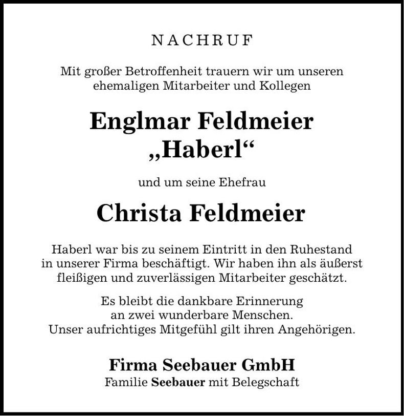 Traueranzeige Englmar Feldmeier