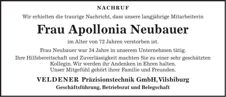 Traueranzeige Apollonia Neubauer