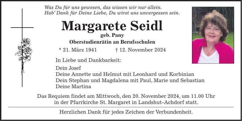 Traueranzeige Margarete Seidl