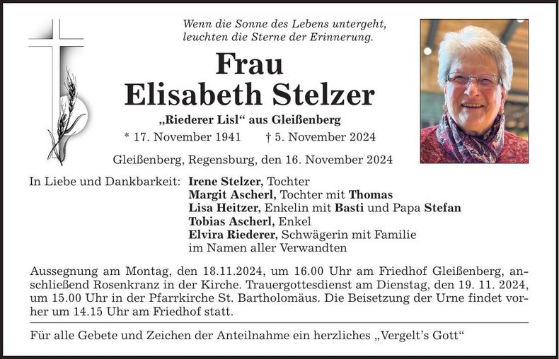 Traueranzeige Elisabeth Stelzer