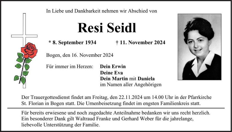 Traueranzeige Resi Seidl