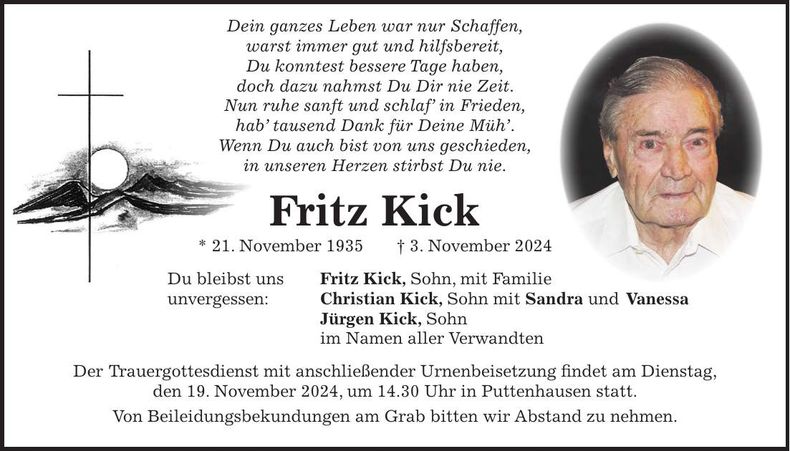 Traueranzeige Fritz Kick