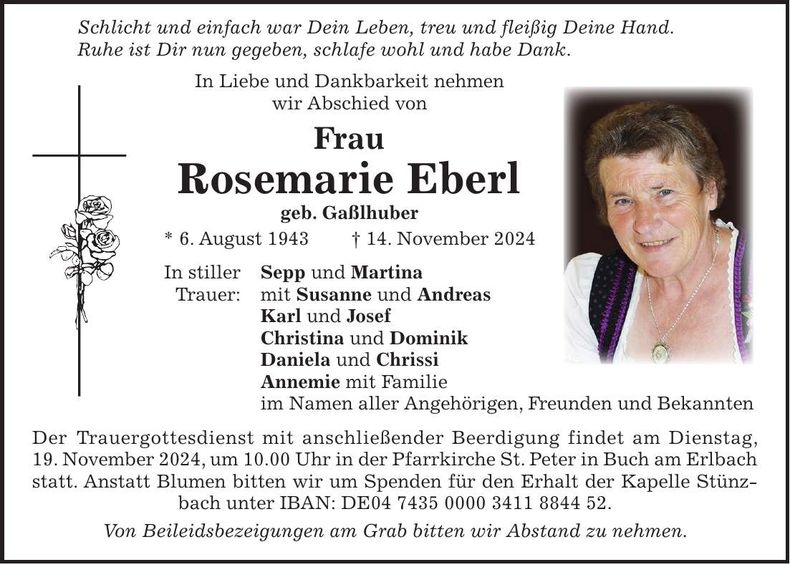Traueranzeige Rosemarie Eberl