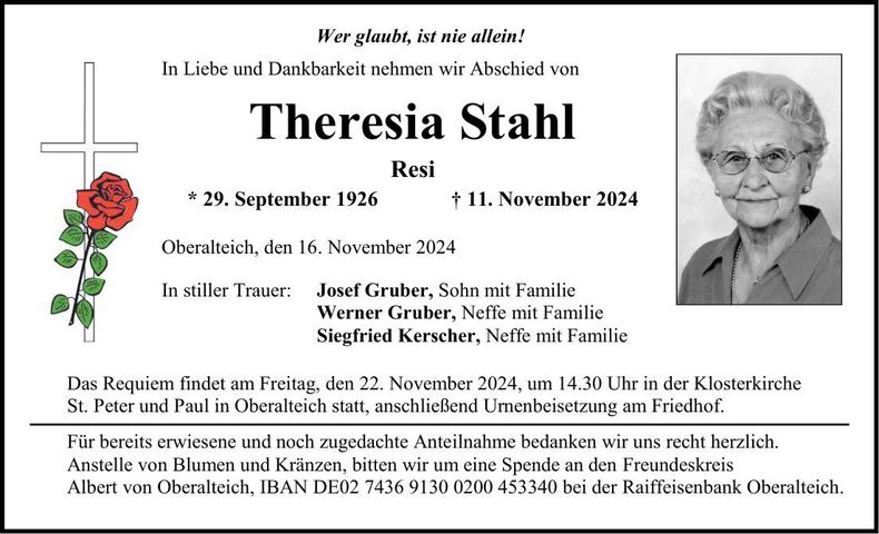 Traueranzeige Theresia Stahl
