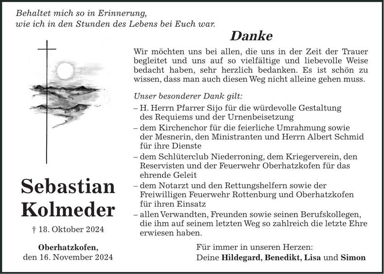 Traueranzeige Sebastian Kolmeder