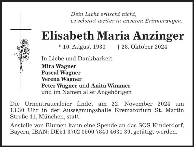 Traueranzeige Elisabeth- Maria Anzinger