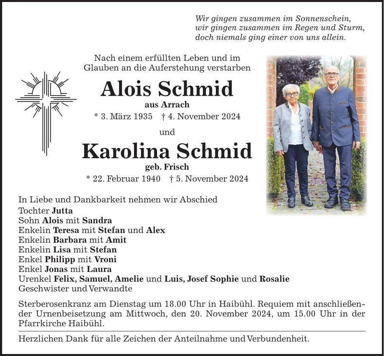 Traueranzeige Alois und Karolina Schmid