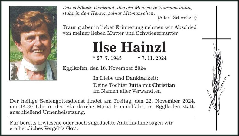Traueranzeige Ilse Hainzl