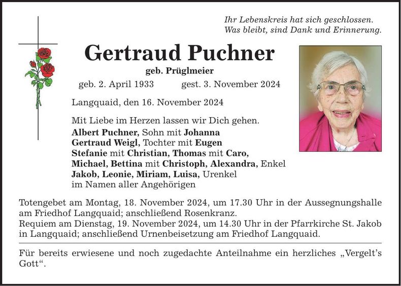 Traueranzeige Gertraud Puchner