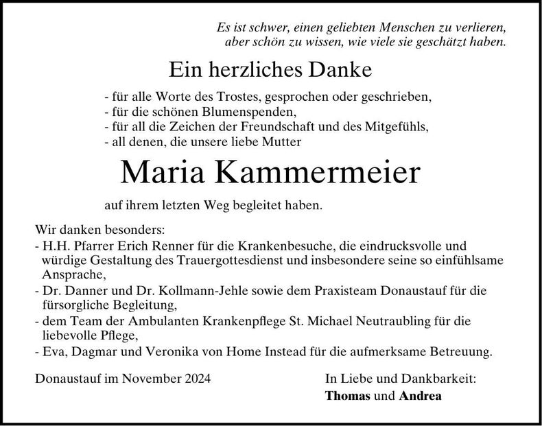 Traueranzeige Maria Kammermeier