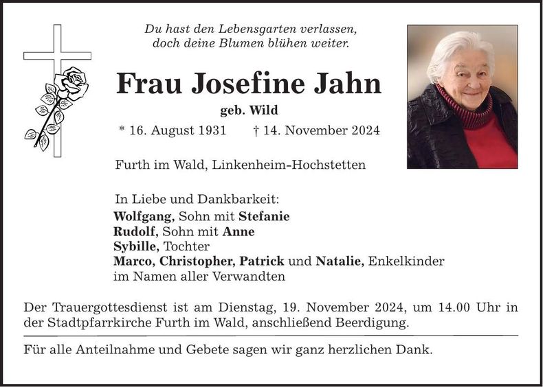 Traueranzeige Josefine Jahn