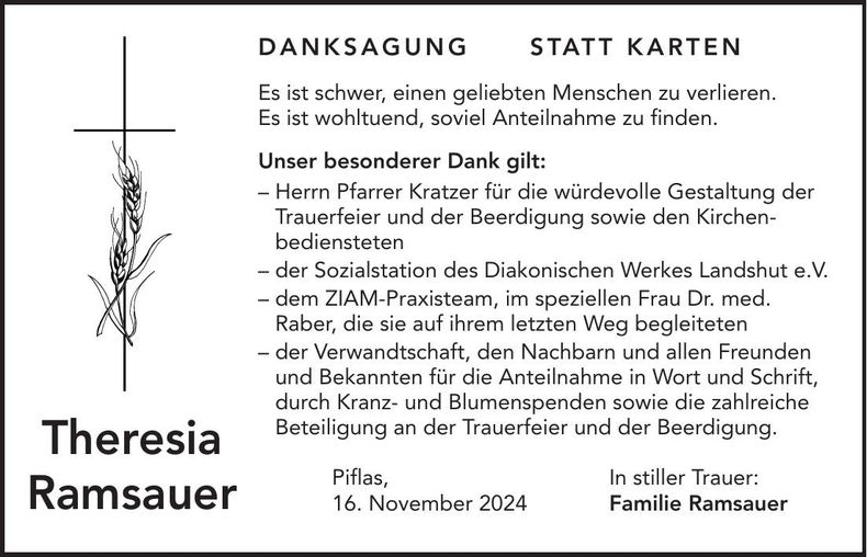 Traueranzeige Theresia Ramsauer