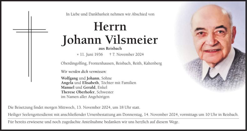 Traueranzeige Johann Vilsmeier
