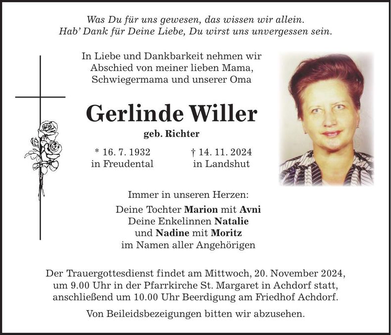 Traueranzeige Gerlinde Willer