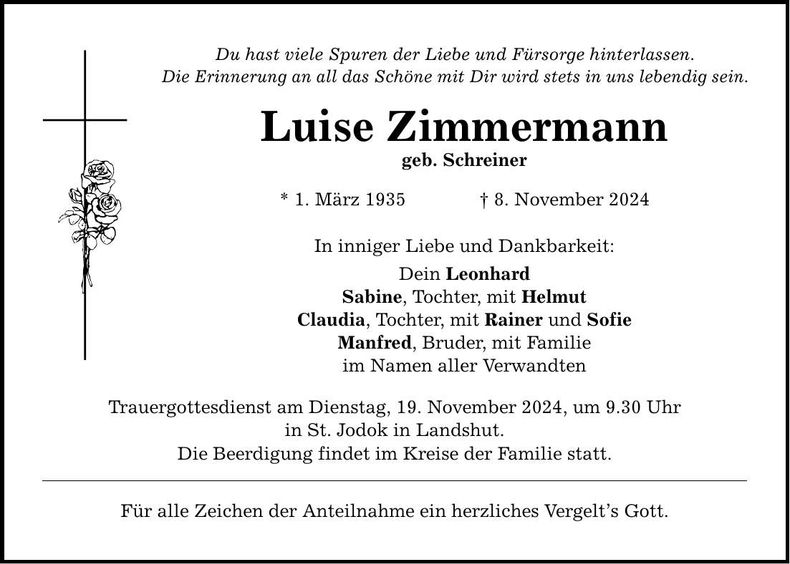 Traueranzeige Luise Zimmermann