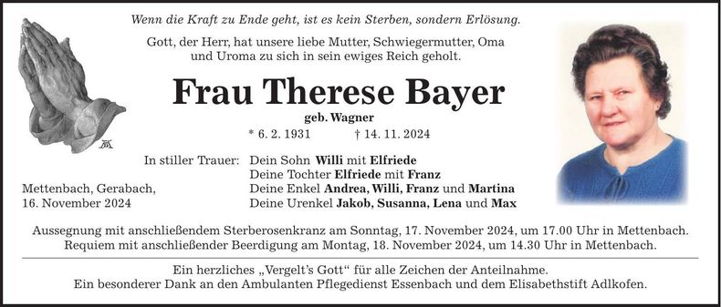 Traueranzeige Therese Bayer