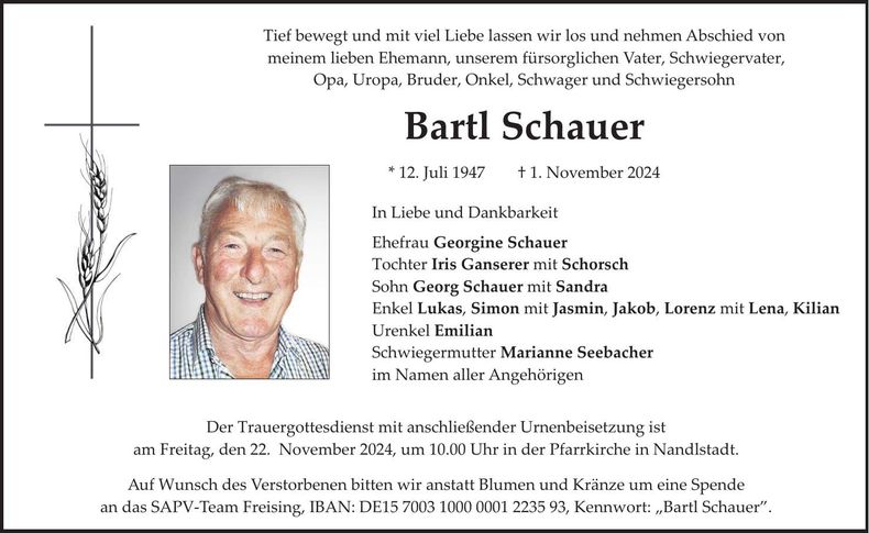 Traueranzeige Bartl Schauer