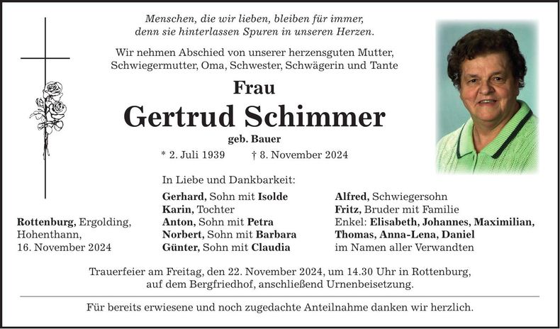 Traueranzeige Gertrud Schimmer