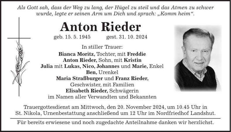 Traueranzeige Anton Rieder