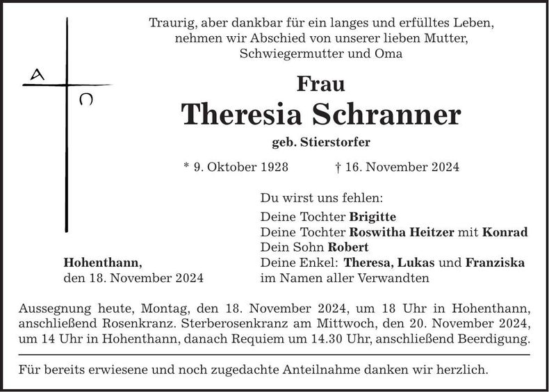 Traueranzeige Theresia Schranner