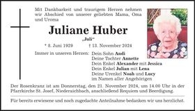 Traueranzeige Juliane Huber
