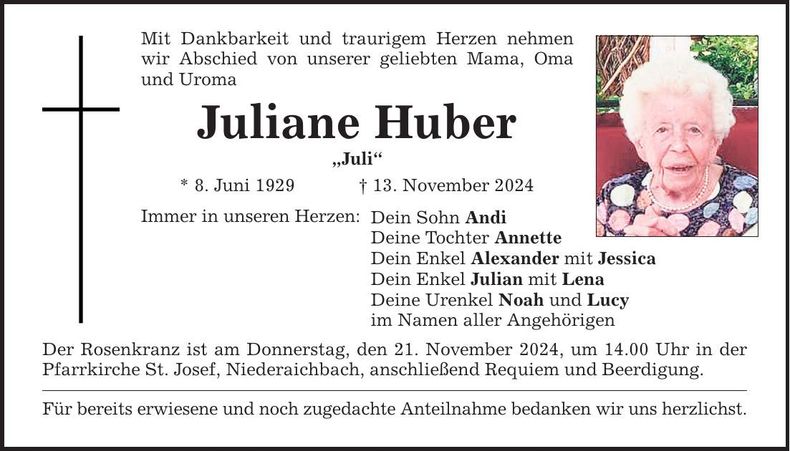 Traueranzeige Juliane Huber