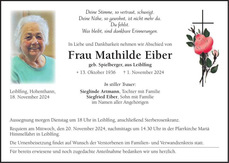 Traueranzeige Mathilde Eiber