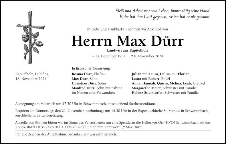 Traueranzeige Max Dürr