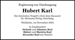 Traueranzeige Hubert Karl