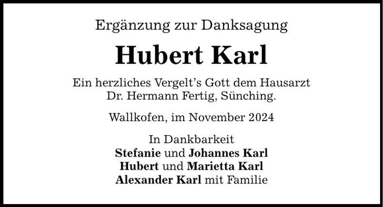 Traueranzeige Hubert Karl