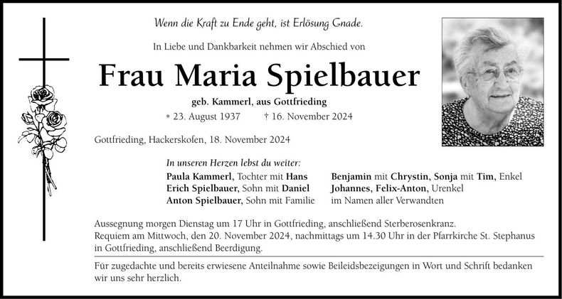 Traueranzeige Maria Spielbauer