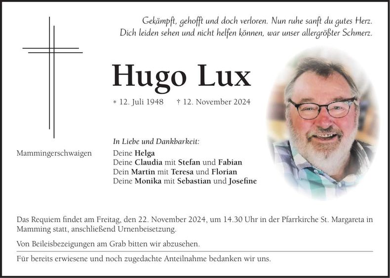 Traueranzeige Hugo Lux