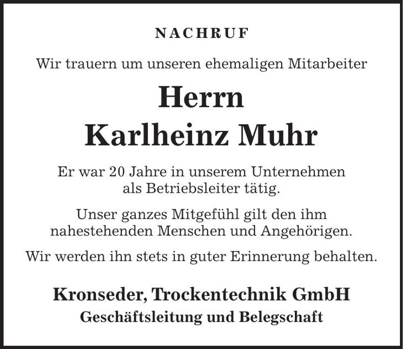 Traueranzeige Karlheinz Muhr