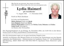 Traueranzeige Lydia Haimerl