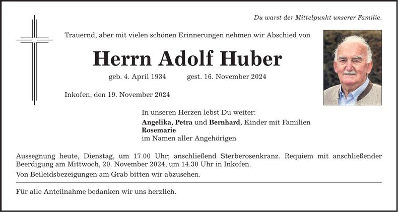 Traueranzeige Adolf Huber