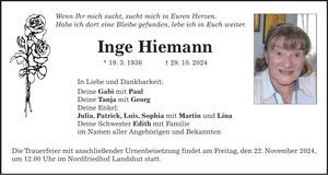 Traueranzeige Inge Hiemann