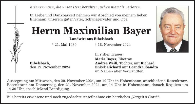 Traueranzeige Maximilian Bayer