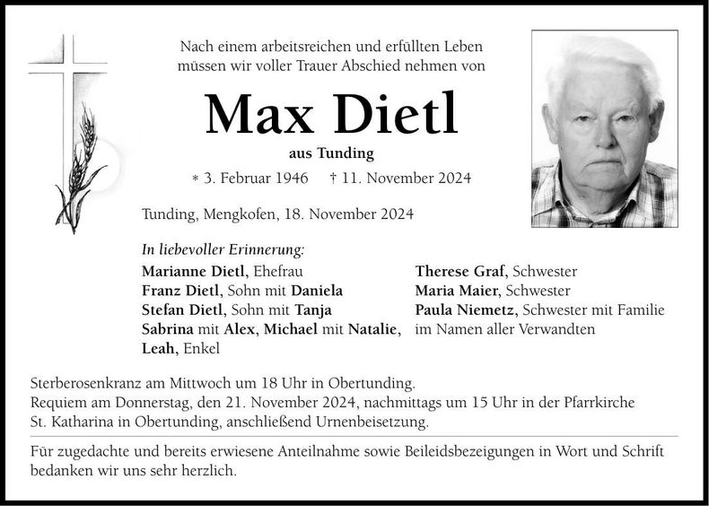 Traueranzeige Max Dietl