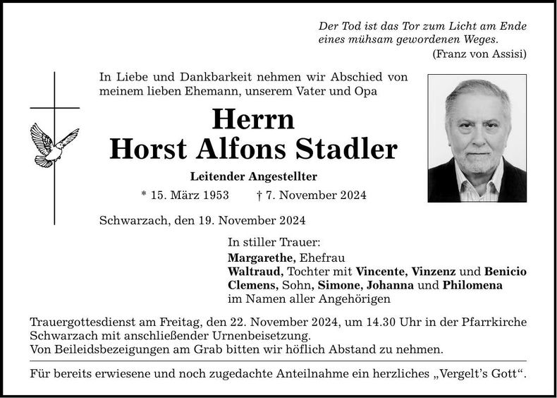 Traueranzeige Horst Alfons Stadler