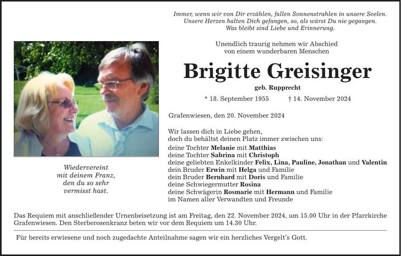 Traueranzeige Brigitte Greisinger