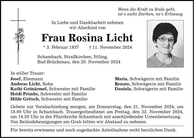Traueranzeige Rosina Licht